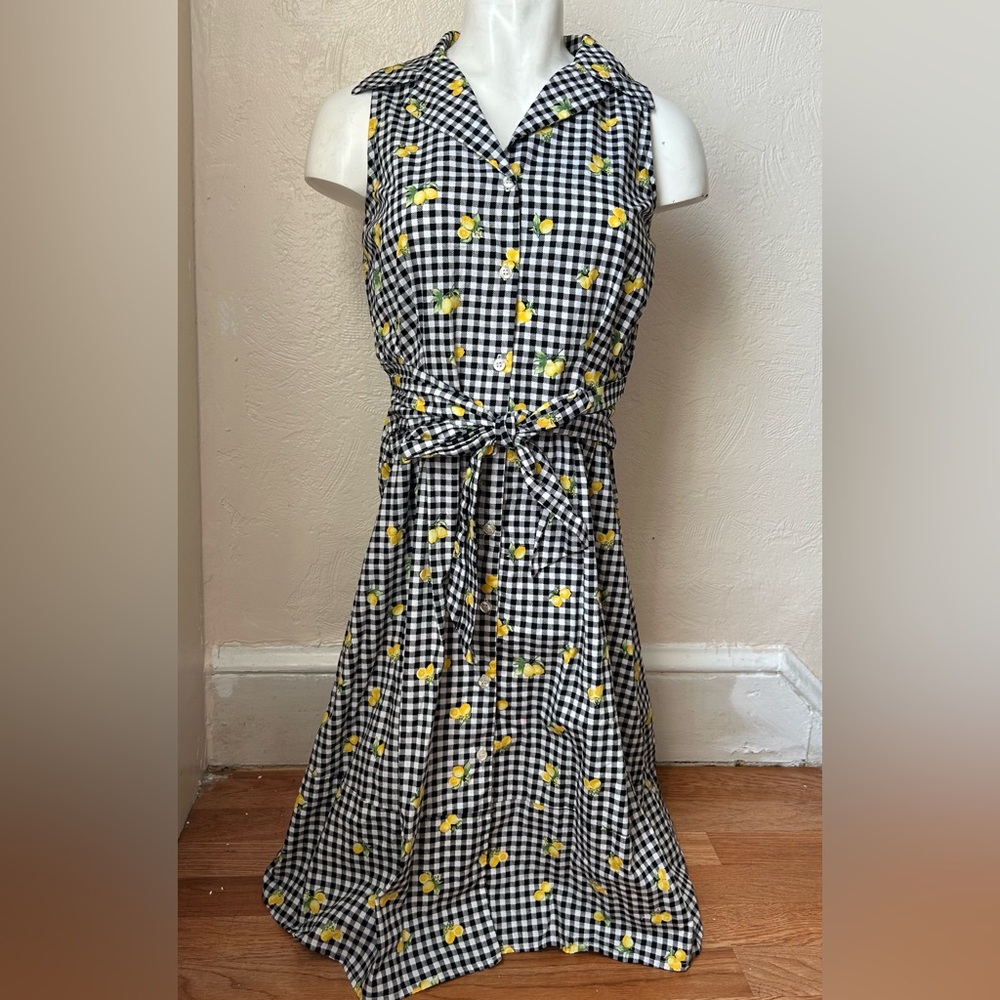 Chic Black and White Gingham Dress with Lemon Accents